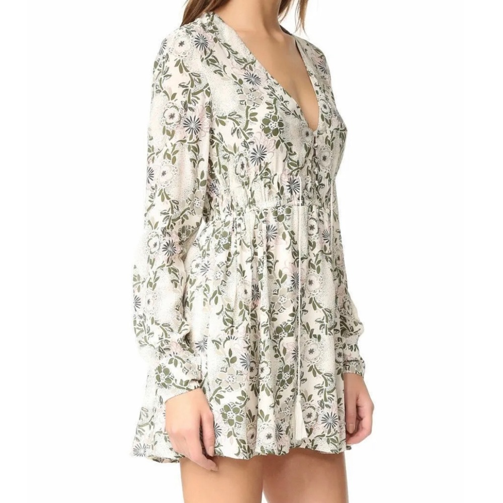 Free People Stealing Fire Beige Green Floral Print Long Sleeve Mini Dress L